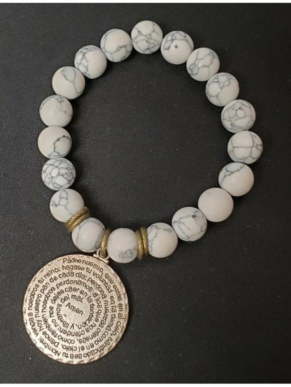 Spanish Lord's Prayer White Howlite Gemstone Stretch Bracelet